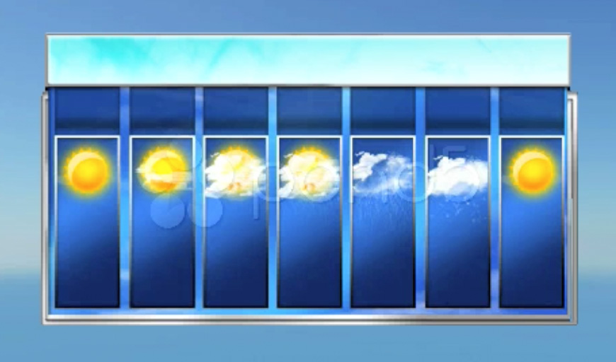 graphic featuring a light blue background and a grid of dark blue columns overlaid on top suggesting a 7-day weather report but with no test or numbers only graphics of a sun or clouds